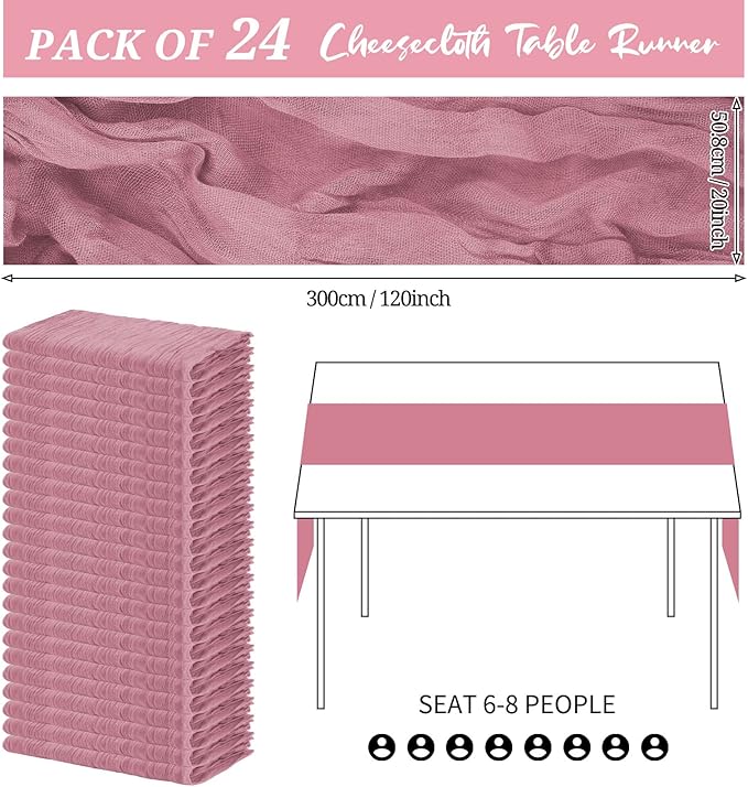 24 Pack Cheesecloth Table Runner 20 x 120 inch Cheese Cloth Table Runner Bulk,Romantic Boho Sheer Gauze Fabric Table Runners for Wedding Reception,Party,Bridal Shower Table Decor(Dusty Rose)