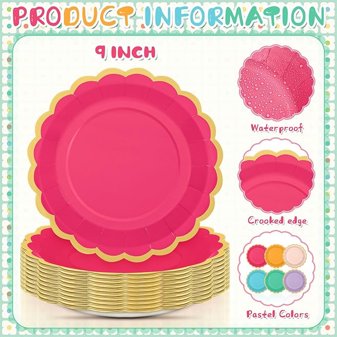 48 Pcs Candy Color Paper Plates 9 Inch Light Colorful Rainbow Scalloped Paper Disposable Dinner Dessert Plates for Birthday Wedding Bridal Party Supplies, 6 Colors