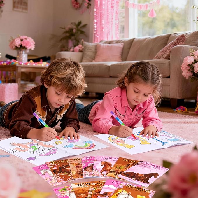 BenLouis 24 Horse Floral Mini Coloring Books Kids with 24 Stacking Crayons Cowgirl Party Party Favors Activity Books Bulk for Kids Girls Horse Racing Flower Goodie Bag Gift Stuffer Classroom Reward