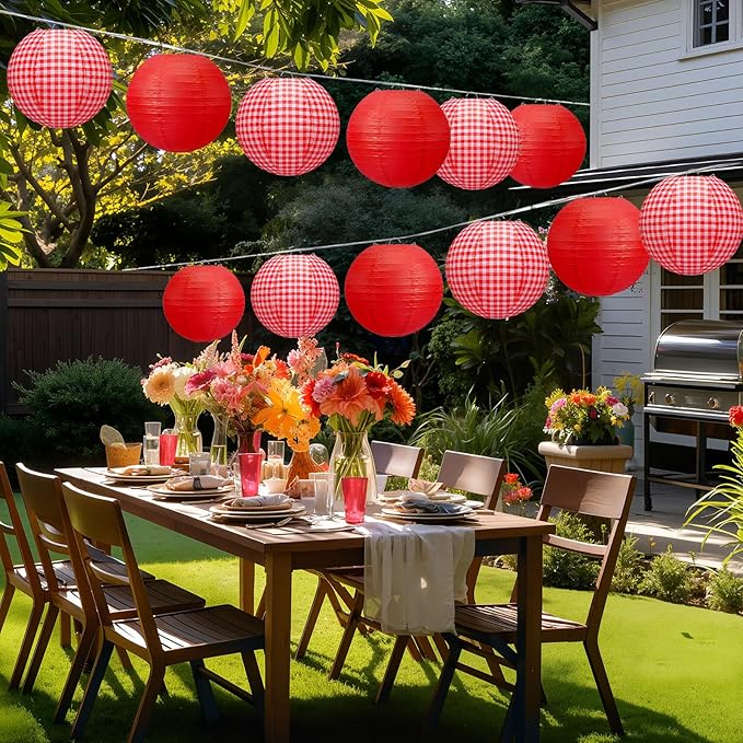 Honoson 12 Pcs Red Gingham Paper Lanterns Picnic Party Decoration 10 Inch Checkered Plaid Round Hanging Chinese Lanterns for Pizza Birthday Picnic BBQ Wedding Baby Showers Decoration