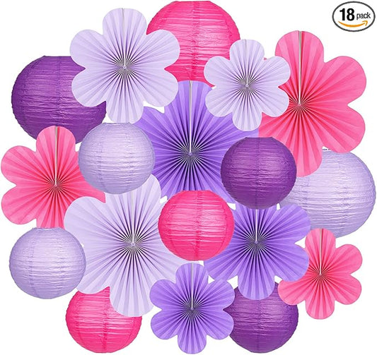 Pink and Purple Party Decorations Paper Lanterns Flower Fans for Spring Birthday Wedding Bachelorette Mothers Day Classroom or Garden Party Decor Set of 18