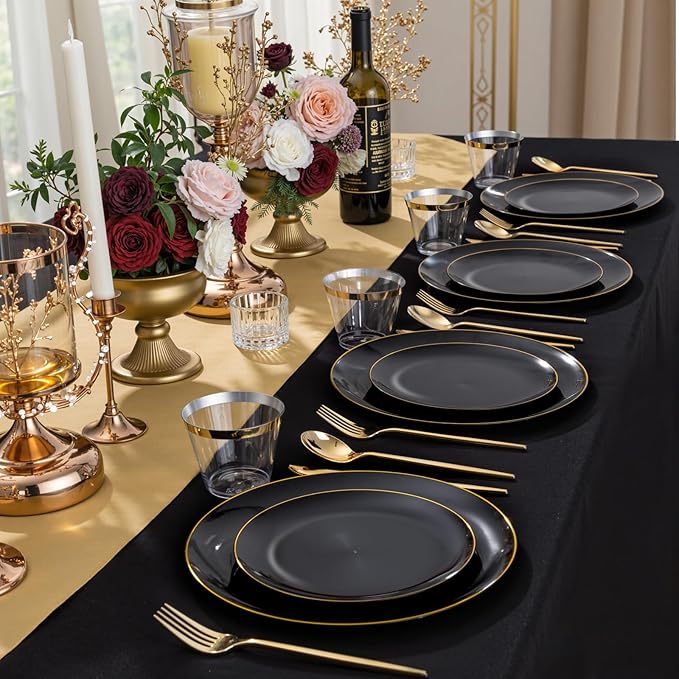 bUCLA 150PCS Black and Gold Plastic Plates - Black Gold Plastic Dinnerware Set Disposable - Include 25 Dinner / 25 Dessert Plates, 25 Knives, 25 Forks, 25 Spoons, 25 Cups, Ideal for Party & Graduation