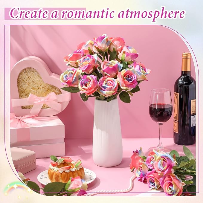 Hotop 20 Pcs Artificial Rose Flowers with Long Stem, Real Lifelike Silk Realistic Plastic Bouquet Roses Bulk for Home Decor Bridal Wedding Party Table Centerpieces Decorations(Rainbow)