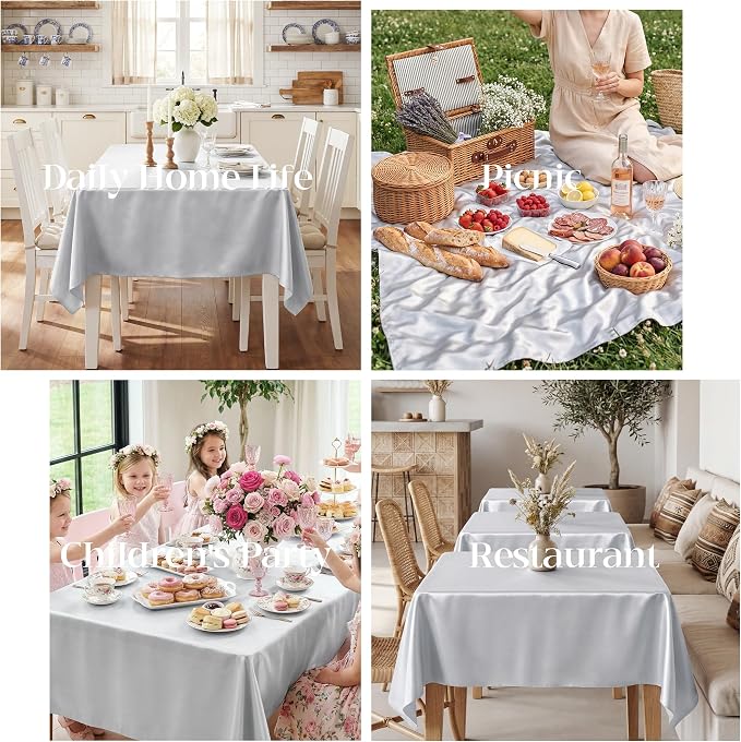 4 Pack Silver Satin Tablecloth 58 x 102 Inches, Rectangular Satin Table Cloths for Wedding Reception, Birthday Party, Graduation & Holiday Banquet Tables