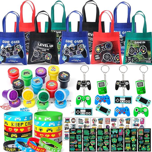 Winrayk Video Game Party Favors Gamer Birthday Supplies Kids, Non Woven Bag Silicone Bracelet Stamper Glow Sticker Keychain, Goodie Stuffer Pinata Filler Game On Gift Boys Gaming Party Favors Decor