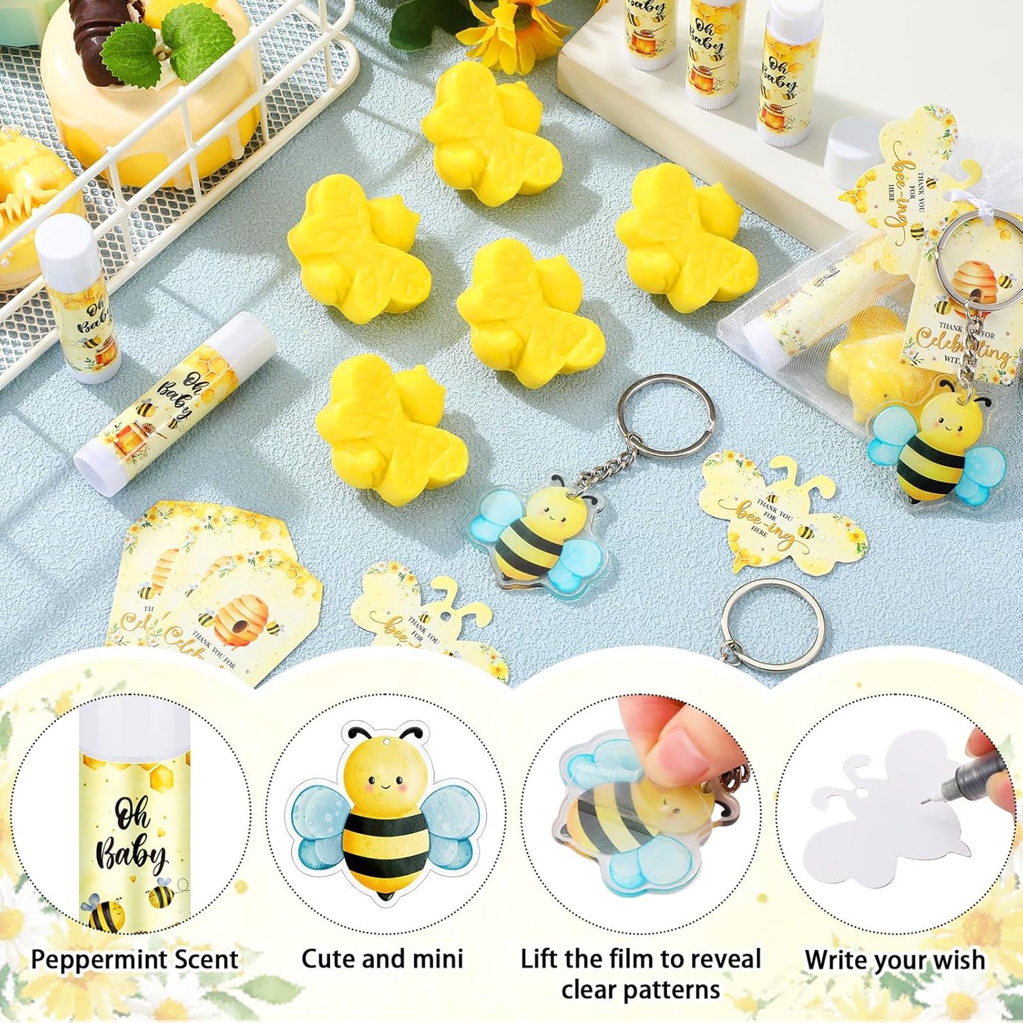 288 Baby Shower Favors Baby Shower Gifts Bulk Lip Balms Soaps Keychains Organza Bags Guest Appreciation Gift with Thank You Tags and Cards for Boys Girls Guest Gift(Yellow,Bee)