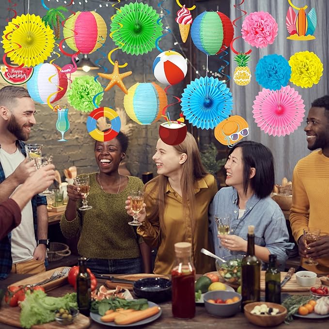 Crtiin 28 Pcs Beach Party Decorations Paper Lanterns Pom Poms Fans Spiral Cardboard Hanging Ornaments Hawaiian Tropical Themed Decor for Summer Pool Beach Birthday Party Supplies