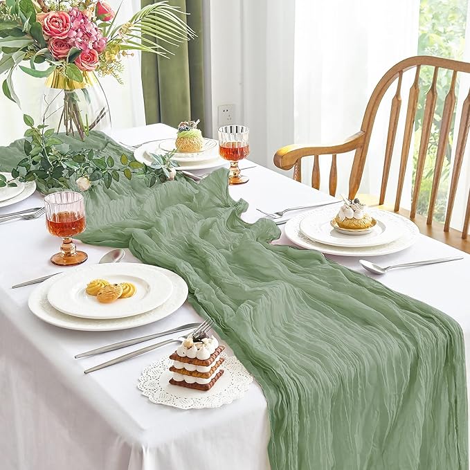 IVAPUPU 8 Pcs Cheesecloth Table Runner - 10ft Sage Green Spring Boho Gauze Cheese Cloth Table Runners for Baby Shower Decorations Wedding Party Garden Farmhouse