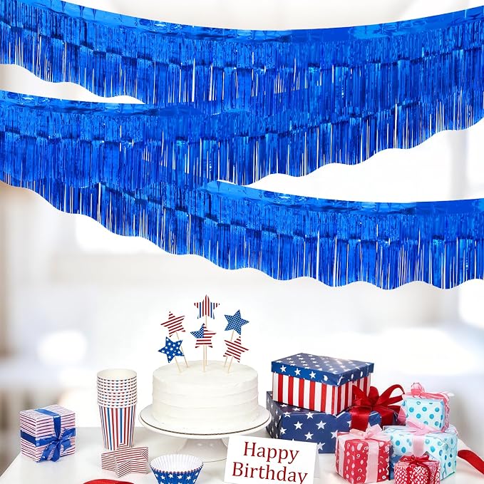 LOLStar Sapphire Blue Foil Fringe Tinsel Garland, Streamers Banner, 6 Pack | 60Ft Tinsel Streamers, Shiny Sapphire Blue Tinsel Fringe Banners for Graduation, 4th of July, Parade Float Party Decor
