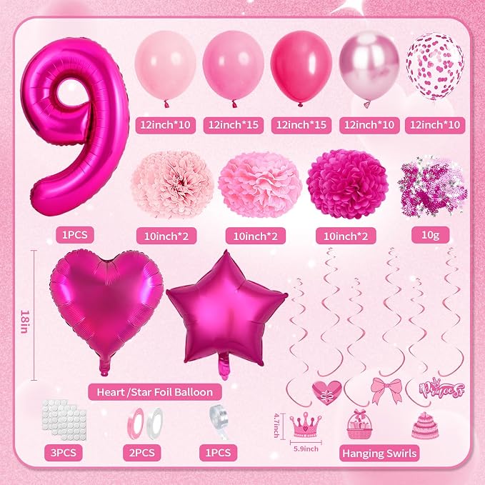 9th Birthday Decorations for Girls, Pink Party Decorations with Number 9 Balloon Happy Birthday Banner Bday Sash Crown Tablecloth Fringe Curtain Hanging Swirl for 9 Balloons for Bday Girl
