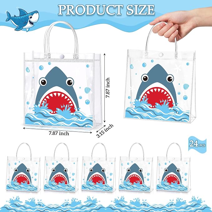 Hosuly 24 Pcs Shark Party Favor Bags with Handles, Clear PVC Blue Shark Candy Goodie Gift Bags for Summer Ocean Sea Baby Shower Birthday Party Favors Supplies, 7.9 x 7.9 x 3.1 Inch