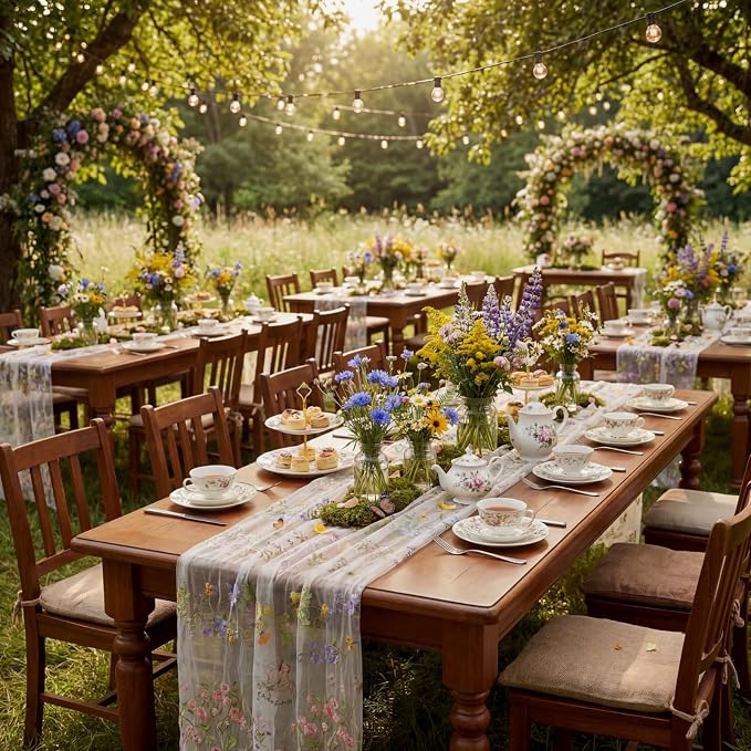 Ivory White Floral Table Runner 10ft Embroidery Tulle Spring Wildflower Table Runner Seasonal Summer Butterfly Kitchen Dining Gauze Decoration for Wedding Baby Shower Birthday Party (1 Pcs)