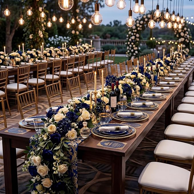 KIRE 175Pcs Blue Plastic Plates - Navy Blue Plates Disposable - 25 for Dinner 25 for Dessert 25 Pre Rolled Napkins with Gold Plastic Silverware and 25 Cups for Birthday/Wedding/Passover/Graduation
