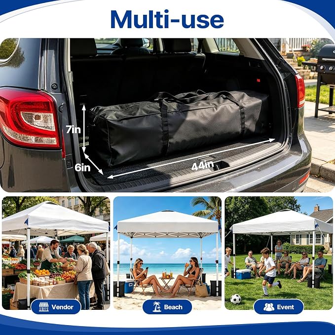 10x10 FT Pop Up Canopy Outdoor Tent, 1-Button Push Easy Set Up, Waterproof & 3-Height Adjustable Beach Shade, Heavy Duty Sun Shelter with 4 Sand Bags for Vendor Events Camping Party Outdoor Activities