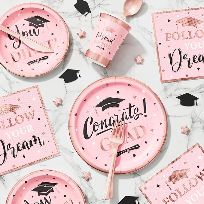 Ecomore Graduation Decoration Class of 2026 Pink Graduation Decoration 350 PCS - Rose Gold Grad Party Supplies Disposable Dinnerware (Serves 50) Paper Plates Cup Napkin Fork Knife Spoon (Pink & Black)