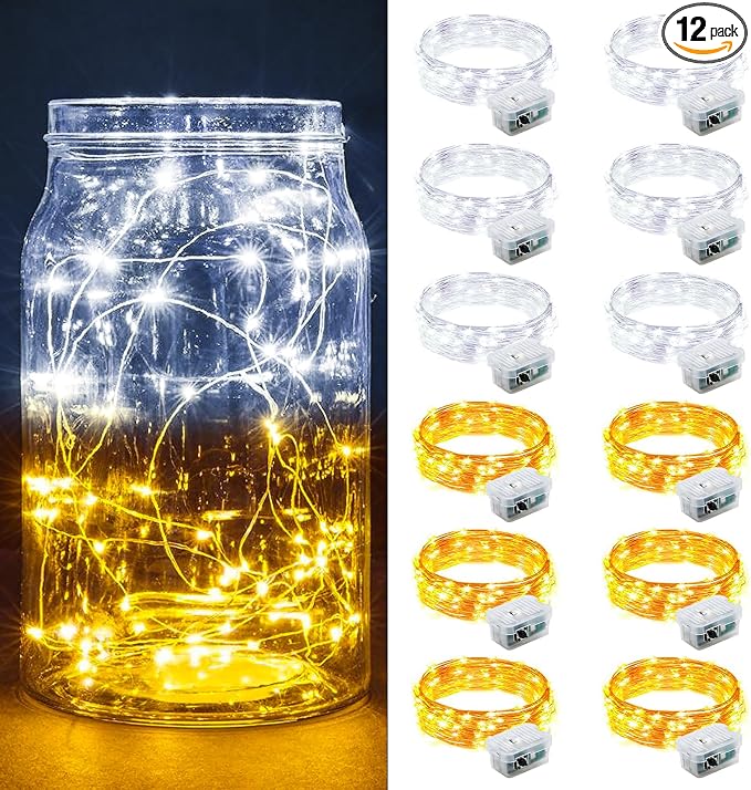 12 Pack Fairy Lights 7Ft 20 LED Twinkle String Lights 3 Modes Battery Operated Waterproof Firefly Starry for Mason Jar Party Wedding Christmas Valentines Day Table Centerpieces,Warm White + White