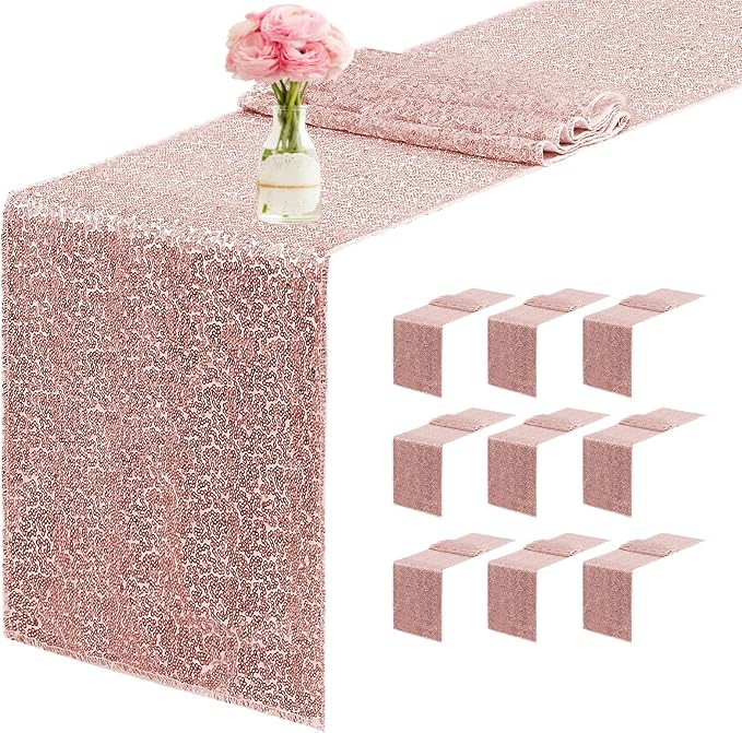10 Packs 12 x 72 inches Sequin Table Runner, Rose Gold Glitter Table Runner for Birthday Party Supplies Wedding Engagement Baby Shower Holiday Celebration Event Decorations