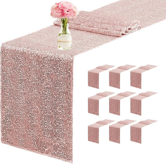 10 Packs 12 x 72 inches Sequin Table Runner, Rose Gold Glitter Table Runner for Birthday Party Supplies Wedding Engagement Baby Shower Holiday Celebration Event Decorations