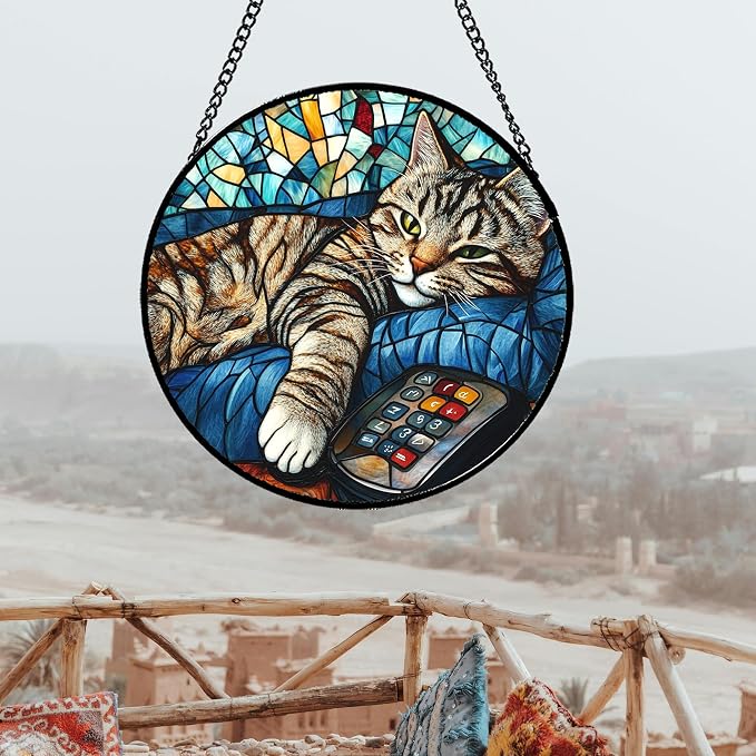 DASTOLL Stained Glass Window Hanging Gray Cat and Remote Control 7.8" - Suncatcher Door Garden Kitchen Sun Catcher Home Decor Birthday for Lost Pets Mom Men Woman Friend Grandma