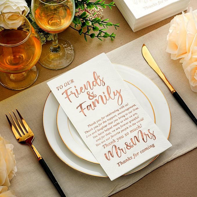 200 Pcs Wedding Napkins Mr & Mrs Dinner Napkins for Reception Disposable Decorative Towels for Wedding Shower Banquet Rehearsal Dinner Decor (Rose Gold)