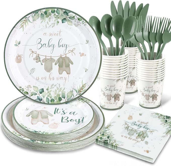 Sage Green Baby Shower Decorations Boy,A Sweet Baby Boy is on His Way Woodland Theme Party Supplies It's a Boe Tableware Set Serves 24 Guests includes Disposable Plates Cups Napkins and Cutlery