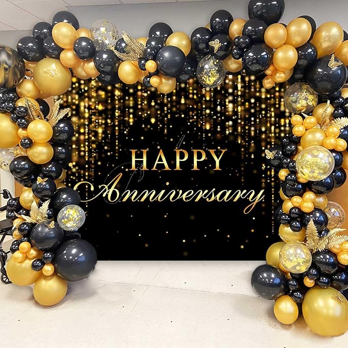 Sensfun Happy Anniversary Backdrop Banner Black Gold Glitter Cheers to Marriage Wedding Party Decorations Shining Flowing Curtain We Still Do Anniversary Sign Photography Background 10x6.5ft