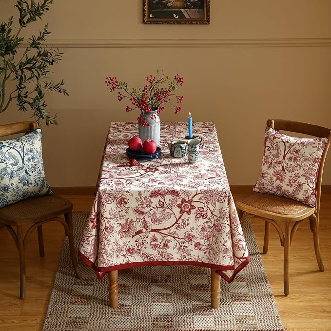ISAENNE Designer French Linen Rectangular Tablecloth,79"x55"-Ruyi A | Vintage Elegant Table Cloth Rectangle Table,Red Floral Pattern,Durable,Heavyweight,Dining,Kitchen,Tea Party,Thanksgiving