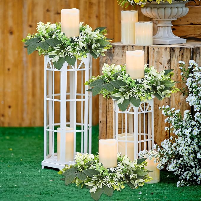 3PCS Artificial Eucalyptus Leaves Wreaths Candle Rings Wreaths Summer Greenery Garland Pillar Holder for Home Wedding Party Table Centerpiece Green