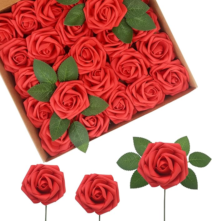 JOYLEX Artificial Flowers Realistic Roses, Real Looking Fake Roses with Stem for DIY Wedding Bouquets Centerpieces Bridal Shower Party Home Romantic Decorations (Red, Regular 3" - 200pcs)
