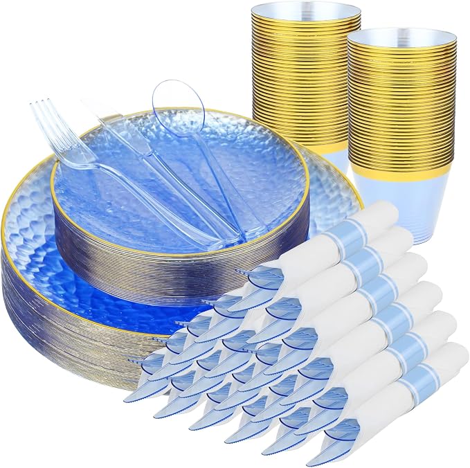 175pcs Blue Hammered Plastic Dinnerware Set for 25 Guests - Disposable Plastic Plates with Gold Rim, Heavy Duty 9oz Cups Pre-Rolled Napkins with Cutlery Ideal for Party