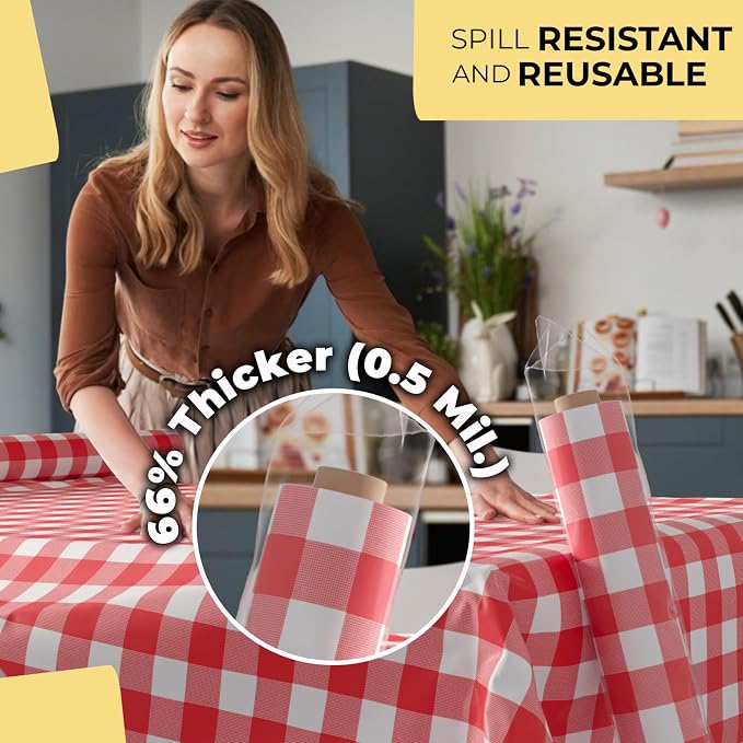 Party Solids 66% Thicker Premium Red Gingham Plastic Table Cover Roll 40" X 100' Table Cloth Plastic Cover Roll Quality Thick Banquet Rolls Disposable Tablecloth Rolls Strong American Based Company