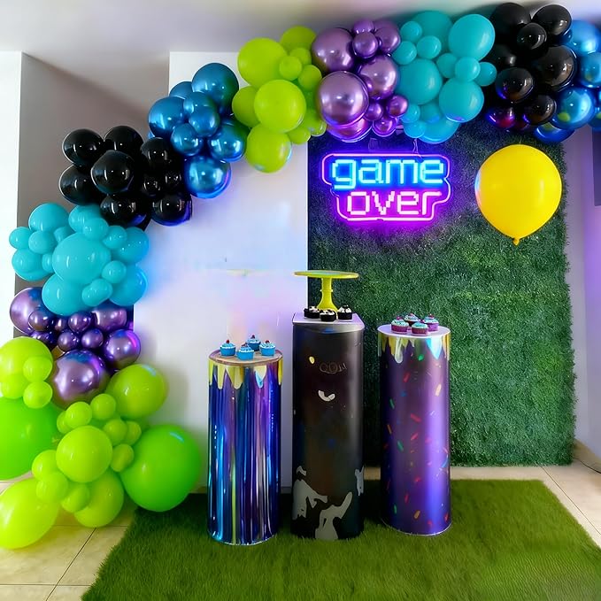 Blue Purple Balloon Garland Arch Kit, 104 PCS Metallic Purple Blue Black and Green Balloons with Star Balloons for Kids Boys Video Game Night Birthday Party Decorations