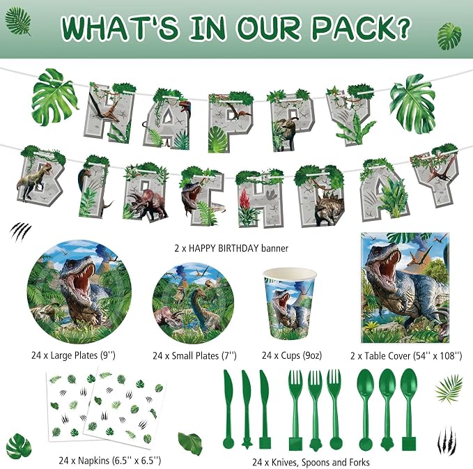 Tatuo 172 Pcs Dinosaur Birthday Party Supplies Dinosaur Theme Party Decorations for Dino Tablecloth Happy Birthday Banner Knife Fork Spoon Plate Napkin Cup Tableware Supplies Serve 24