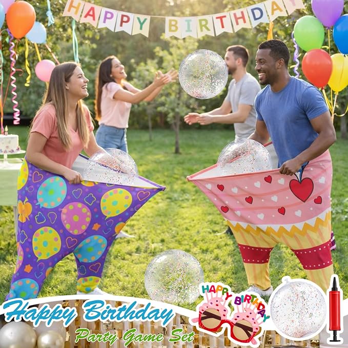 11 Pcs Birthday Granny Pants Set, 2 Giant Inflatable Pants with 1 Pump 6 Bouncy Balls & 2 Birthday Glasses, Outdoor Tossing Party Activity for Adults & Family Gatherings