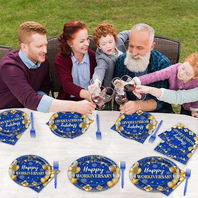 Justforjoyful 96Pcs Happy Work Anniversary Party Supplies Blue Gold Happy Workiversary Tableware Dinnerware Set Worker Appreciation Plates Napkins Decorations for Women Men Office Employee Worker