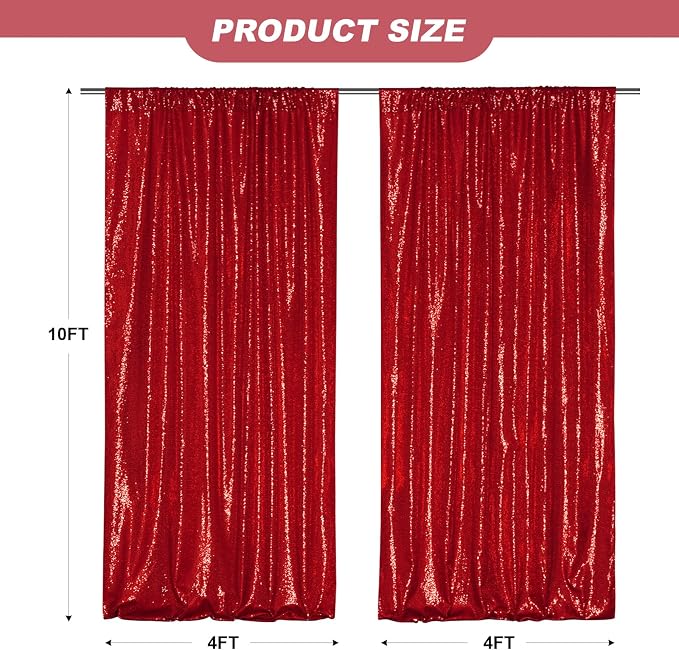 SquarePie 2 PCS 4x10ft Red Sequin Backdrop for Photography, Extra Long Satin-Backed Real Sequin Curtain, High-Density Shimmering Background with 4" Rod Pocket for Wedding Ceremony, 2 Panels