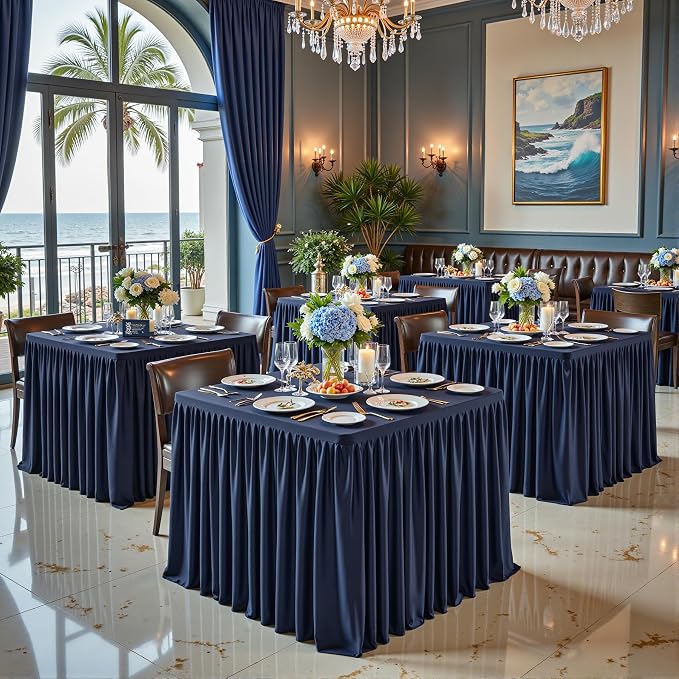 Navy Blue Square Tableloths 34x34 Inch 2 Packs, Stretch Fitted Square Table Cloth Washable Fabric Card Table Cover with Pleated Ruffle Skirt for Dining,Kitchen,Buffet Parties,Trade Show,Vendor Stand