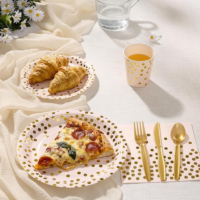 Goodlluck 350PCS Pink Gold Foil Polka Dot Disposable Party Tableware Set, 50 Guests | 9" & 7" Golden Dot Disposable Paper Plates, 9oz Cups, Napkins & Gold Cutlery for Birthday, Wedding & Baby Shower