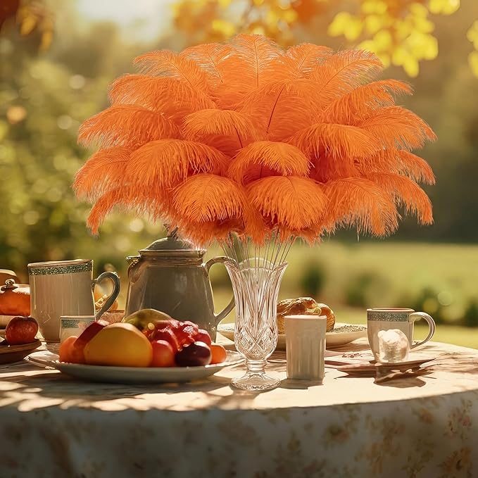 Hanaive 150 Pcs Ostrich Feathers Set Bulk Plumes 12-14 Inch (30-35cm) 70 Pcs Large Ostrich Feathers with 80 Sticks and Tape for DIY Crafts Wedding Home Party Centerpiece Decorations(Orange)