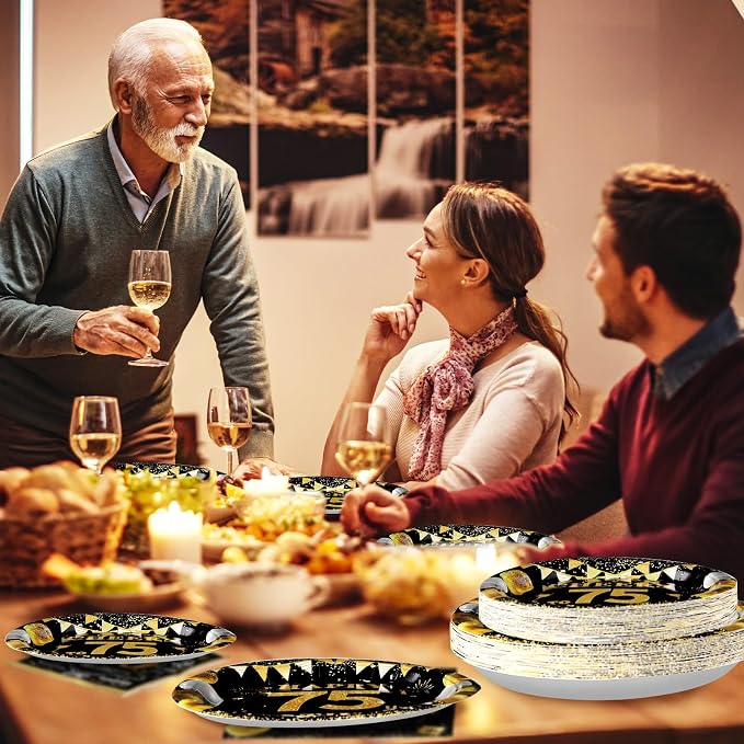 Grencian 96PCS 75th Birthday Party Decorations 75th Birthday Plates and Napkins Disposable Paper Tableware Set for Men Women Cheers to 75 Years Old Party Supplies, Serves 24
