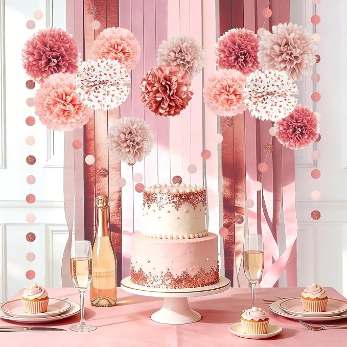 Rose Gold Wedding Decorations - 15 PCS Tissue Paper Pom Poms + 8 Rolls Rose Gold Crepe Paper Streamers for Engagement Party Wedding Birthday Bridal Shower Bachelorette