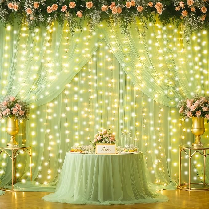 6 Panels Sage Green Sheer Tulle Backdrop Curtains with Lights for Party Wedding Wrinkle Free Curtain Backdrops Drapes for Baby Shower Birthday Photo Back Drop Background Home Decorations 30ft x 8ft