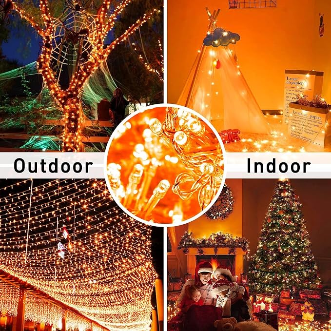 JMEXSUSS 33FT 100 LED Orange Lights for Halloween, Battery Operated Halloween Lights Outdoor Indoor, 8 Modes Remote String Lights for Yard Tree Front Porch Room House Fence Xmas Decor