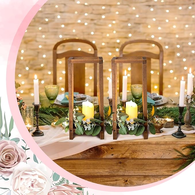 Geelin 12 Set Wooden Wedding Lantern Centerpiece Decor Baptism Lantern Candle Holder for Table Centerpiece Wedding Party Baby Shower Home Country Porch Patio Decor(12.99'',Wood Color)