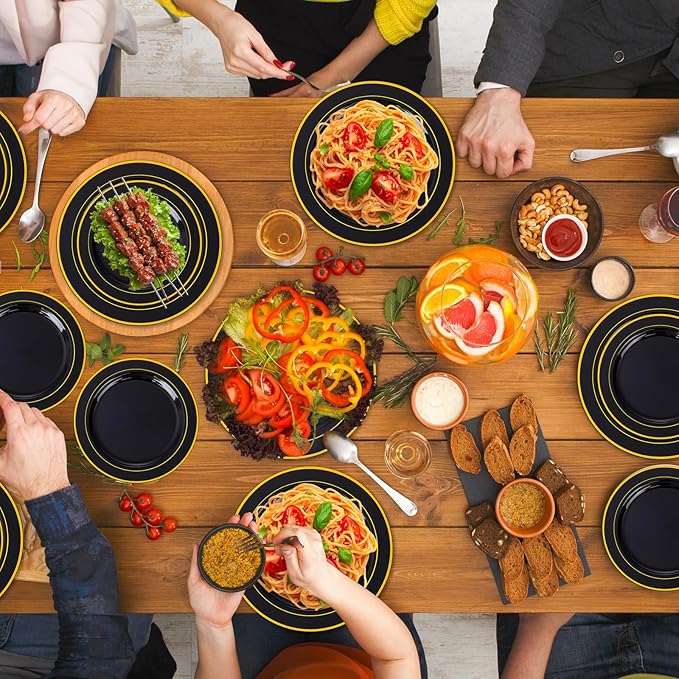 GATHER 700PCS Black Plastic Plates - Gold Disposable Plastic Dinnerware Set Include 200 6.3inch/9inch Black Plates, 300 Silverware, 100 Napkins, 100 Cups for Party & Wedding & Birthday