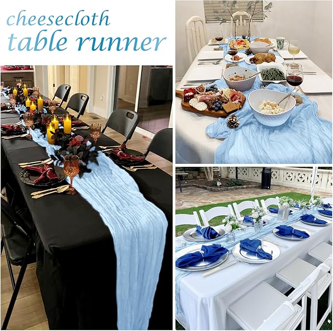 12 Pack Baby Blue Cheesecloth Table Runner 17 x 108 Inch Gauze Table Runner Fabric Semi Sheer Cheese Cloth Table Decor Bulk for Rustic Romantic Wedding Baby Shower Table Decoration