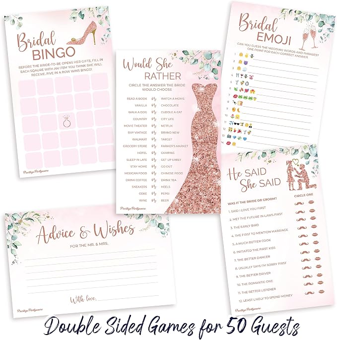 PRESTIGE Bridal Shower Games (50 Guests) + Mimosa Bar | 5 Wedding Shower Games, Boho Bridal Shower Decorations Greenery Theme, Engagement Party Decor, She Said Bridal Party Game Prizes Favors (50 Set)