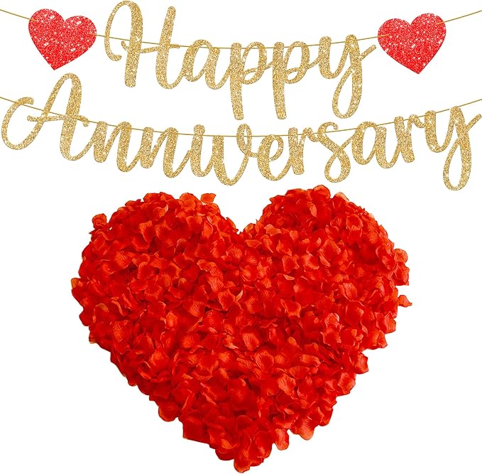 KatchOn, Rose Gold Happy Anniversary Balloons Letters - 16 Inch | Happy Anniversary Banner for Happy Anniversary Decorations | 000 Pcs Artificial Red Rose Petals - Silk, Fake Rose Petals for Romantic