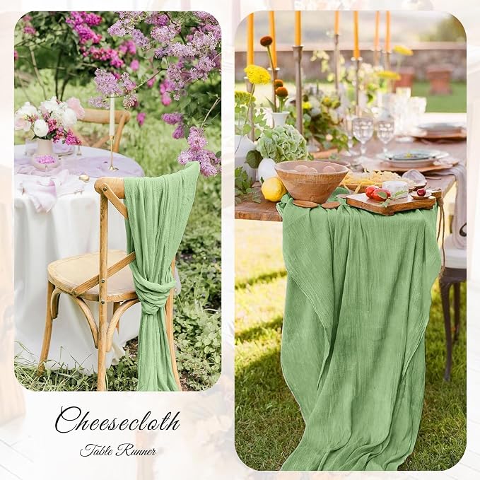 12 Pack Sage Green Cheesecloth Table Runner 21x120 Inches, Boho Gauze Rustic Semi Sheer Cheese Cloth Table Runners for Easter Wedding Bridal Baby Shower, Birthday Party, Long Farmhouse Table Decor