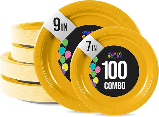 Exquisite Yellow Paper Plates Disposable Heavy Duty 100 Pcs - 50-7" & 50-9" Yellow Disposable Plates For Party Heavy Duty Paper Plate 350 GSM Birthday Party Supplies Plate Set